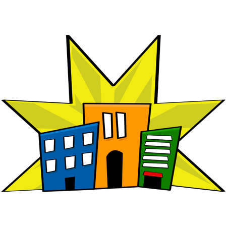 Cartoon illustration showing stylized buildings from a downtown core in different colorsのイラスト素材