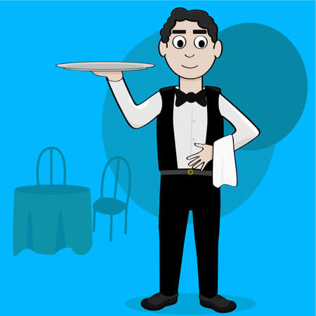 Cartoon illustration showing a waiter holding an empty trayのイラスト素材