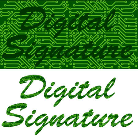 Concept illustration showing a signature mixed with a circuit board backgroundのイラスト素材