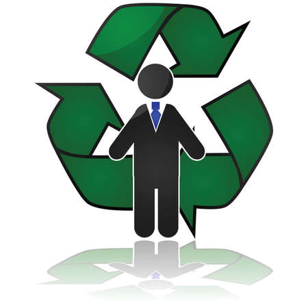 Concept illustration showing a businessman in front of a recycling sign, showing a need to recycle his knowledge to remain competitiveのイラスト素材