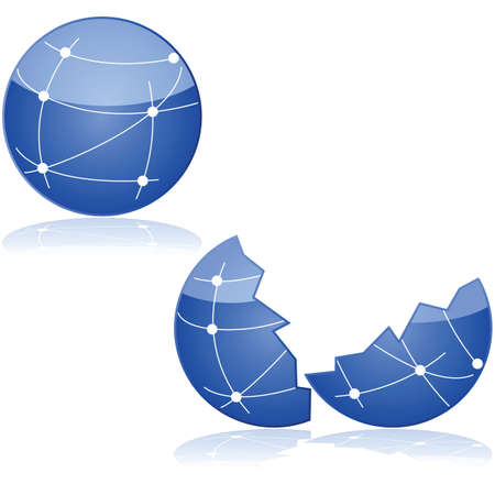 Concept illustration showing one globe with connections between dots to symbolize a network and the same globe broke in half.のイラスト素材