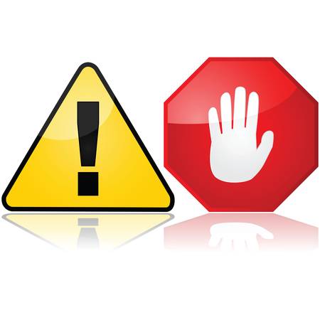 Set with two different warning signs, one showing an exclamation mark and another an open handのイラスト素材