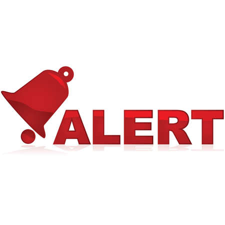 Glossy red icon showing a bell and the word alert beside itのイラスト素材