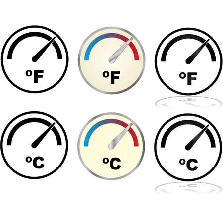 Illustration set showing icons for temperature displays in Fahrenheit and Celsiusのイラスト素材