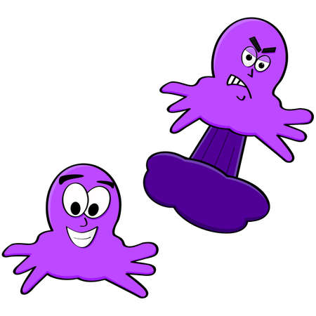 Cartoon illustration showing a happy and an angry octopusのイラスト素材