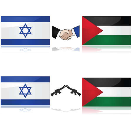 Concept showing the flags of Israel and Palestine divided by weapons or a handshake, signifying war and peaceのイラスト素材