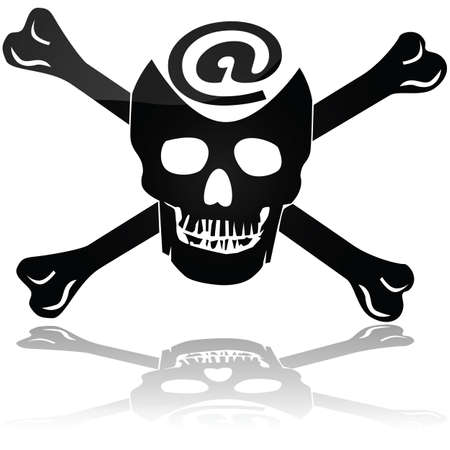 Concept illustration showing a pirate skull and bones sign with an @ symbol to represent Web piracyのイラスト素材