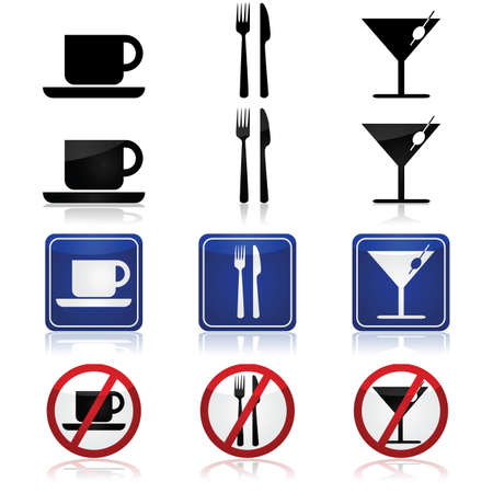 Generic icons for a bar and restaurant, with a cup, fork and knife and a cocktail glassのイラスト素材