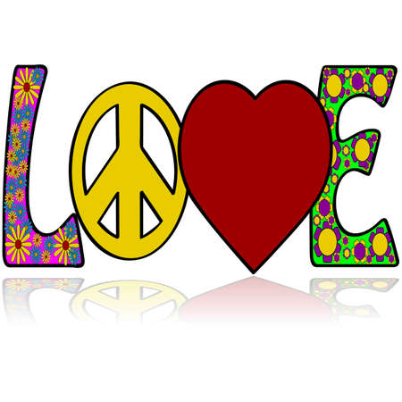 Concept illustration showing the word love with graphic elements simulating colors and symbols associated with the 1960sのイラスト素材