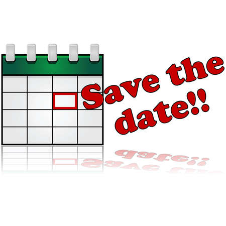 Icon showing a calendar with a date marked in red and the words "Save the Date" beside itのイラスト素材