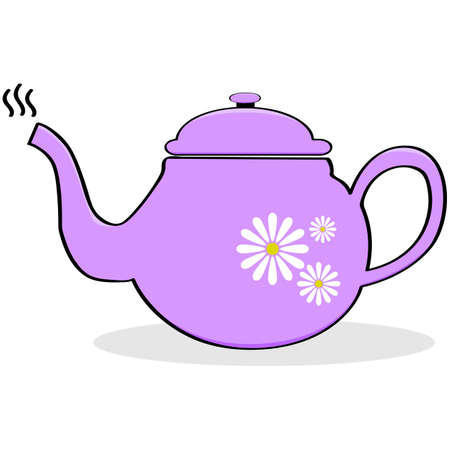 Cartoon illustration of a pink teapot with daisies painted on itのイラスト素材