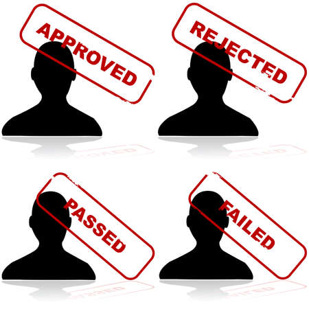 Icon set showing the outline of a person and different stamps showing acceptance or rejectionのイラスト素材