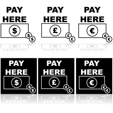 Icon set showing cash in different currencies and the words PAY HERE on top of itのイラスト素材