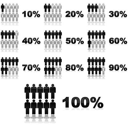 Concept illustration showing icons for people colored differently depending on percentage shown for each groupのイラスト素材