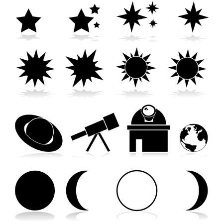 Set showing different astronomy related items and iconsのイラスト素材