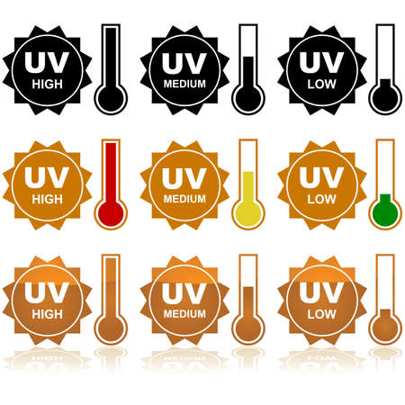Icon set showing the sun and different levels of the UV Indexのイラスト素材