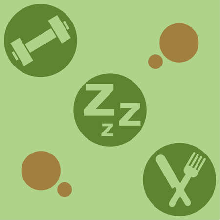 Retro style illustration showing the ingredients needed for a healthy life: exercise, sleep and good nutritionのイラスト素材