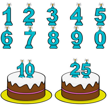 Cartoon illustration showing a cake and candles from 0 to 9 to form different numbersのイラスト素材