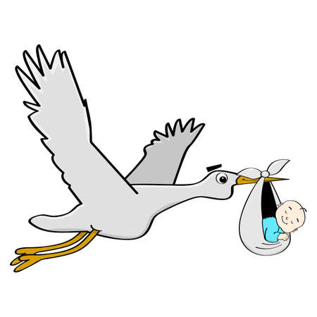 Cartoon illustration showing a stork carrying a sleeping baby. のイラスト素材
