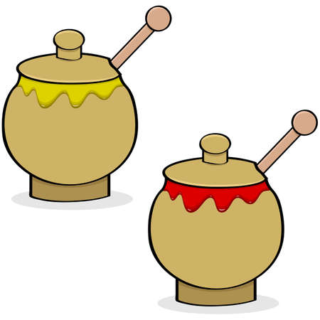 Cartoon illustration showing a pot of mustard and another one of ketchupのイラスト素材