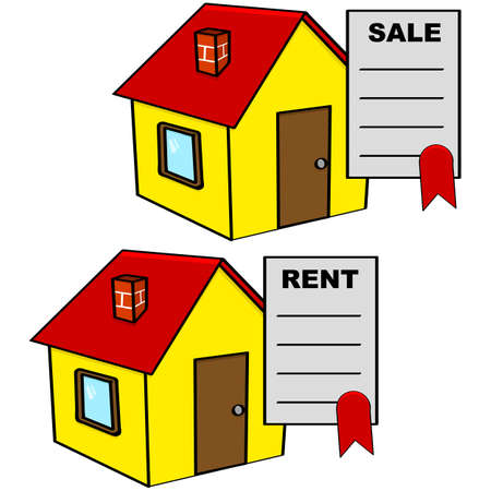 Cartoon illustration showing a sale and a rental agreement on top of a houseのイラスト素材