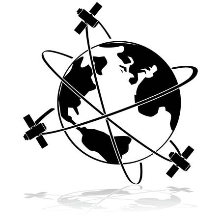 Icon illustration showing three satellites orbiting Earthのイラスト素材