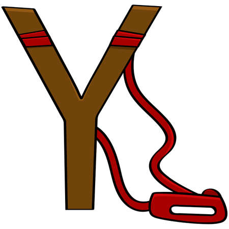 Cartoon illustration showing a rudimentary sling made with a piece of wood and a red rubber bandのイラスト素材