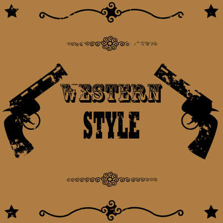 Concept illustration showing a vintage poster background image with two guns and the words Western Styleのイラスト素材