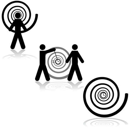 Icon set showing a man being hypnotized, another hypnotizing someone and a clock with a hypnosis spiral around itのイラスト素材