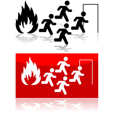 Icon illustration showing people running from a fire towards a doorのイラスト素材
