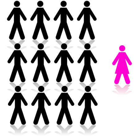 Concept illustration showing a pink woman being singled out from a man crowdのイラスト素材