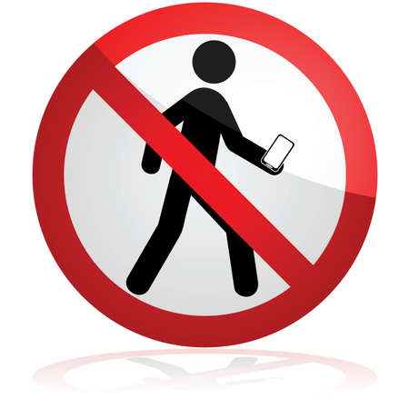 Concept illustration showing a forbidden sign over a man who's walking and looking down at his phoneのイラスト素材