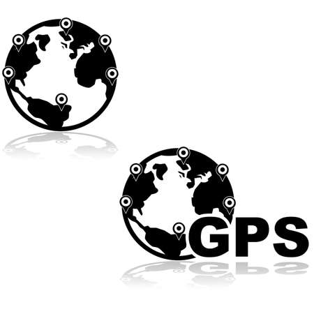 Icon illustration showing planet Earth with many location identifiers and also with the word GPSのイラスト素材
