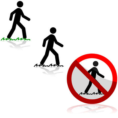 Icon set showing a man walking on grass and a sign saying itのイラスト素材