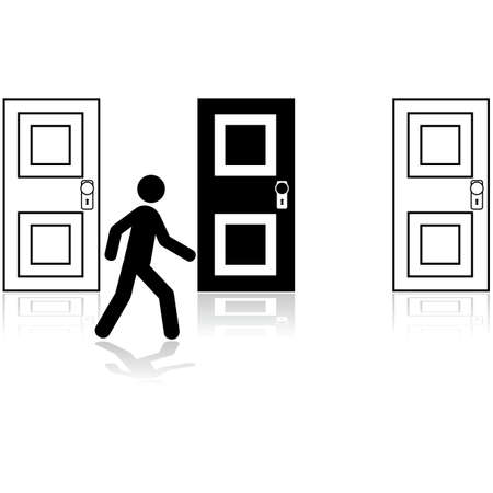 Concept illustration showing a man choosing between three closed doorsのイラスト素材