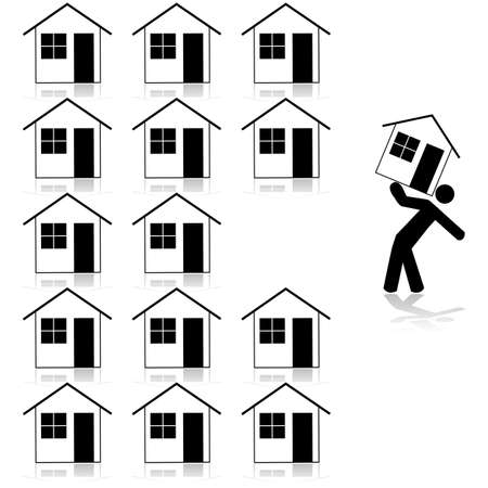 Concept illustration showing a man carrying a house after selecting it from several similar onesのイラスト素材