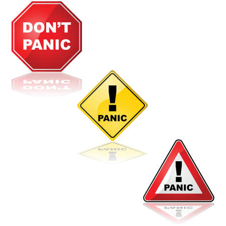 Collection of traffic signs with the word 'Panic' and the expression 'Don't panic'のイラスト素材