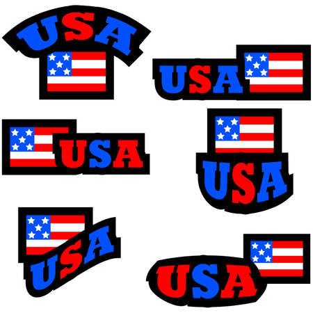 Collection of buttons and badges featuring a stylized American flag paired with the word USAのイラスト素材