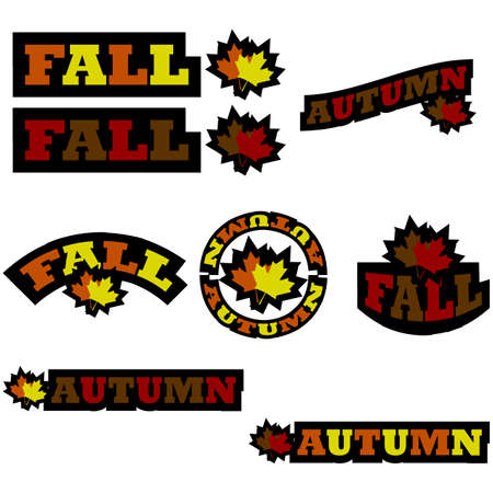 Icon set showing two maple tree leaves beside the words 'Fall' and 'Autumn'のイラスト素材