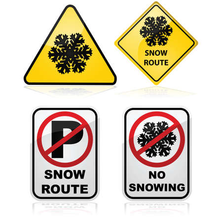 Icon set showing a series of traffic signs used for indicating a snow route and no parking rulesのイラスト素材