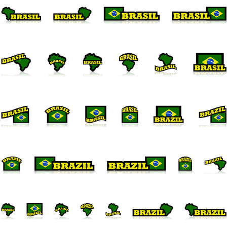 Icon set showing the Brazilian flag and map combined with different representations of the word Brazil and its equivalent in Brazilian Portuguese, Brasilのイラスト素材