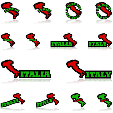 Icon set showing the map of Italy combined with different representations of the word Italy and its equivalent in Italian, Italia.のイラスト素材