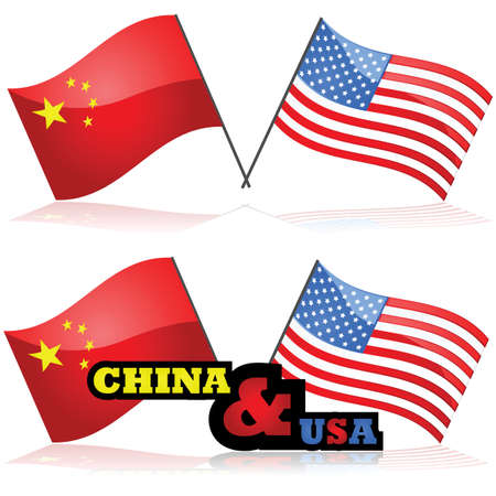 Concept illustration showing the flag of China alongside the flag of the United Statesのイラスト素材