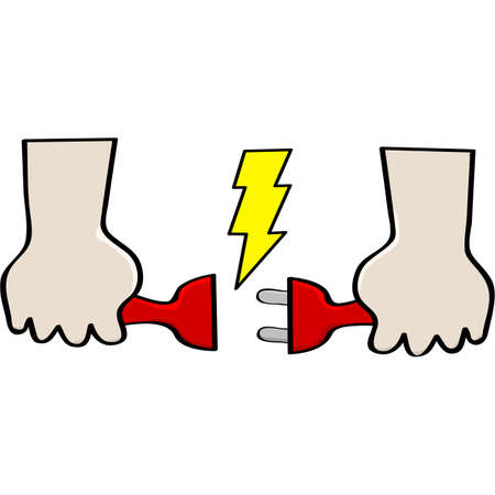 Cartoon illustration showing two hands holding opposite ends of electrical cords about to connect themのイラスト素材