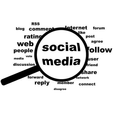Concept illustration showing a word cloud and the expression Social Media highlighted inside a magnifying glassのイラスト素材