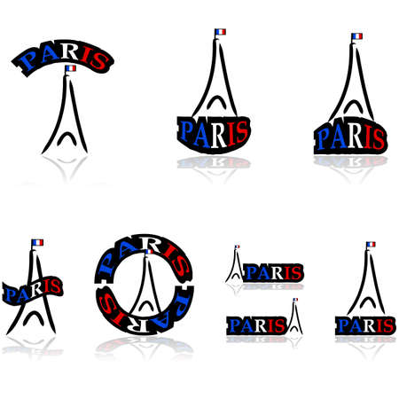 Icon set showing a free interpretation of the Eiffel tower combined with different variations of the word Parisのイラスト素材