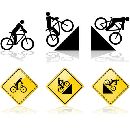 Signs showing a person riding a bicycle in flat terrain and also up and down a hillのイラスト素材