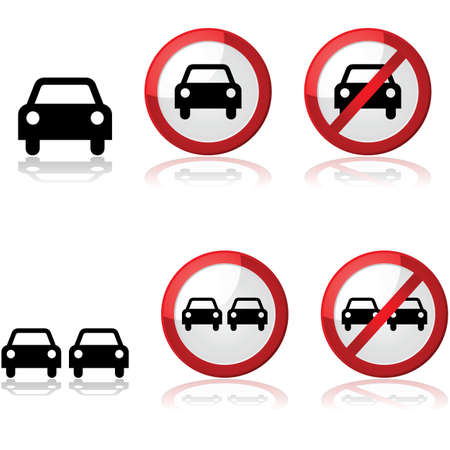 Icon set showing traffic signs with one or two carsのイラスト素材