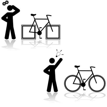 Concept illustration showing someone having a problem with a bicycle that has square wheels and then figuring out that it's solved with round onesのイラスト素材