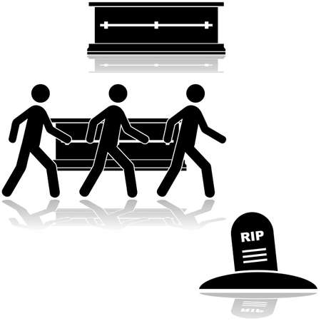 Icon set showing a casket and people carrying it to a burial siteのイラスト素材
